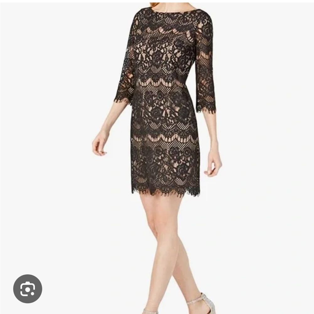 JESSICA HOWARD Black Lace Shift Dress Scoop Neck Long Sleeve Lined Cotton Zip Up